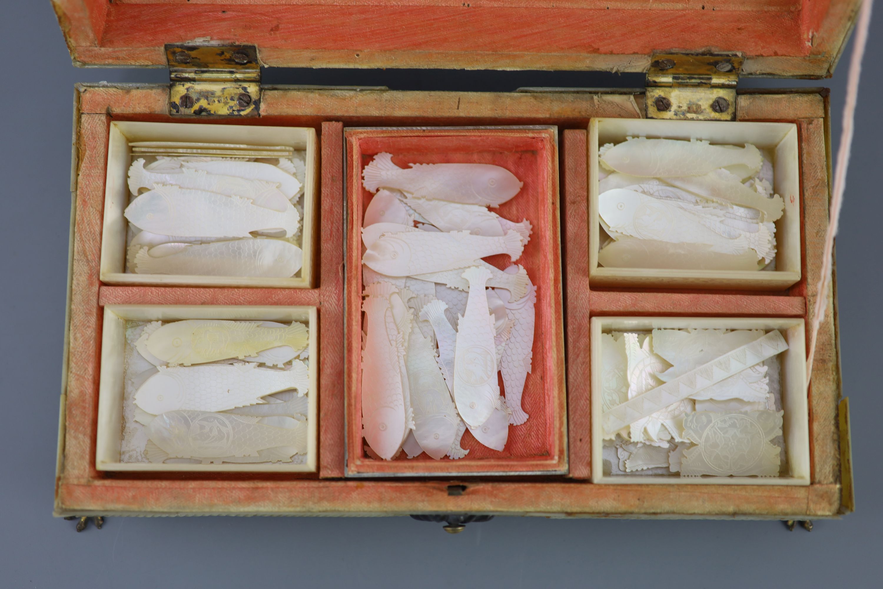 A Cantonese mother of pearl gaming box, mid 19th century, 27cm wide, sections detached
